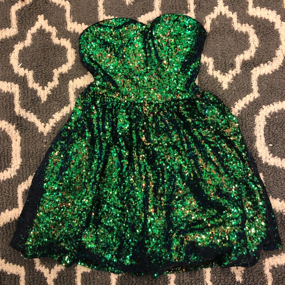 Strapless green sequin dress